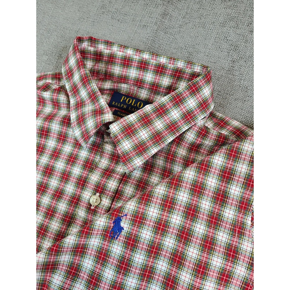 Polo Ralph Lauren Shirt Men L Red Plaid Poplin Classic Fit Button Lightweight